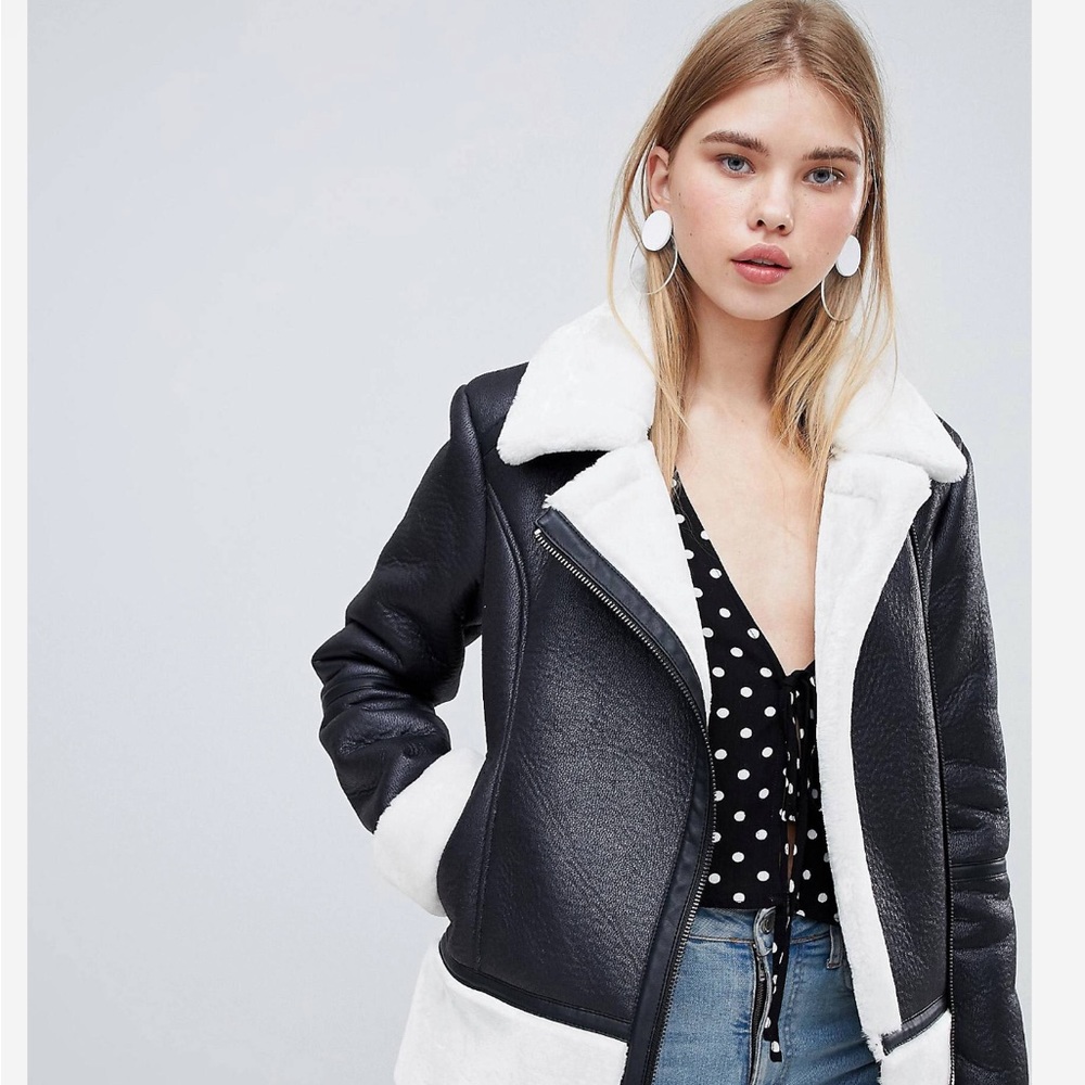 Urban Bliss Leather Look Jacket with Faux Fur Internal in Black and Off White